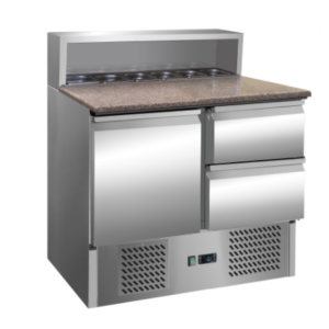 Pizza chladiaci stôl s chladiacou vitrínou 0,9x0,7m, 2 zásuvky + 1 dvere (s vrchnou časťou z nehrdzavejúcej ocele a žulovou doskou - pre 5x GN 1/6)