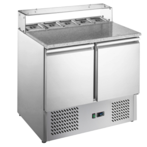 Pizza chladiaci stôl s chladiacou vitrínou 0,9x0,7m, 2 dvere (s hranatým skleneným nadstavcom - pre 5x GN 1/6)