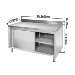 Pracovný nerezový stôl so skriňou s lemom a posuvnými dverami - 1,4 x 0,6 m