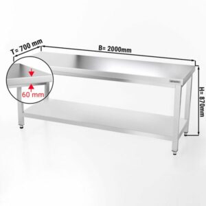 Pracovný stôl z nerezovej ocele - 2,0 x 0,7 m, s policou