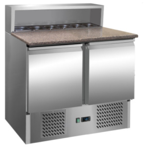 Pizza chladiaci stôl s chladiacou vitrínou 0,9x0,7m, 2 dvere (s vrchnou časťou z nehrdzavejúcej ocele a žulovou doskou - pre 5x GN 1/6)