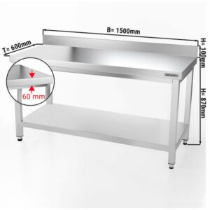 Pracovná stanica z nerezovej ocele s okrajom - 150 x 60 cm s policou