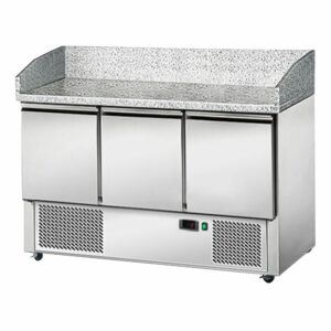 Chladiaci stôl pre šaláty/pizzu - 1,4 x 0,7 m - s trojicou dverí, žulovou doskou