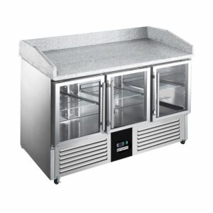 Chladiaci stôl pre šaláty/pizzu - 1,4 x 0,7 m - s tromi presklenými dverami, žulovou doskou