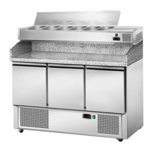 Chladiaci stôl pre šaláty/pizzu s vitrínou - 1,4 x 0,7 m - s tromi dverami