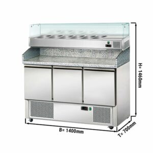 Chladiaci stôl pre šaláty/pizzu s vitrínou - 1,4 x 0,7 m - s tromi dverami