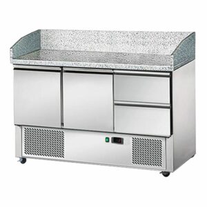 Chladiaci stôl pre šaláty/pizzu - 1,4 x 0,7 m - s dvojicou dverí a dvomi 1/2 zásuvkami, žulovou doskou