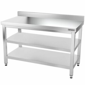 Nerezový pracovný stôl s lemom, hlbka 600 mm, s policami