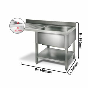 Umývací stôl s nerezovým drezom, 1,4 x 0,7m, drez vpravo, rozmery D 60 x Š 50 x H 30 cm