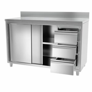 Pracovný stôl nerezový s 3 zásuvkami vpravo, 1,4x0,7m, s lemom