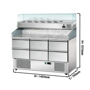 Chladiaci stôl pre pizzériu s presklenou vitrínou – 140x70 cm, 6 zásuviek