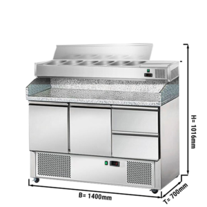 Chladiaci stôl pre pizzériu ECO s vitrínou – 140x70 cm, 2 dvere, 2 polzásuvky 1/2