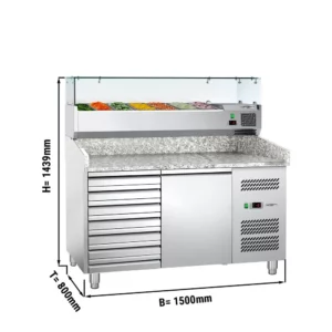 Pracovný stôl na prípravu pizze – 150x80 cm – jedny dvere a sedem zásuviek