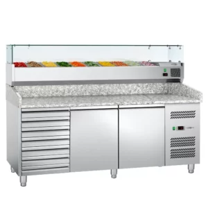 Pracovný stôl na prípravu pizze – 200x80 cm – dvoje dvere a sedem neutrálnych zásuviek