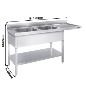 Umývací stôl s nerezovým dvojdrezom - 1600x600mm, 2 umývadlá vľavo