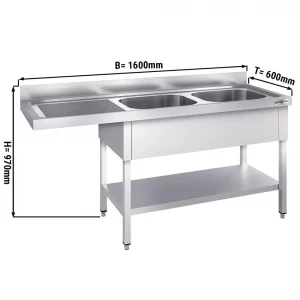 Umývací stôl s nerezovým dvojdrezom - 1600x600mm, 2 umývadlá vpravo