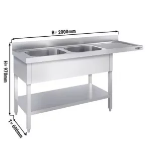 Umývací stôl s nerezovým dvojdrezom - 2000x600mm, 2 umývadlá vľavo