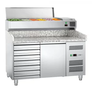 Chladiaci stôl na pizzu ECO – 1,5x0,8m, 1 dvierka, 7 neutrálnych zásuviek, vitrína, 6x GN 1/3