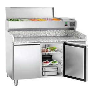 Chladiaci stôl na pizzu ECO – 1,5x0,8m, 2 dvierka, vitrína, 6x GN 1/3