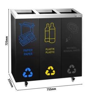 Kôš na separáciu odpadu s 3 priehradkami a kolieskami, čierny