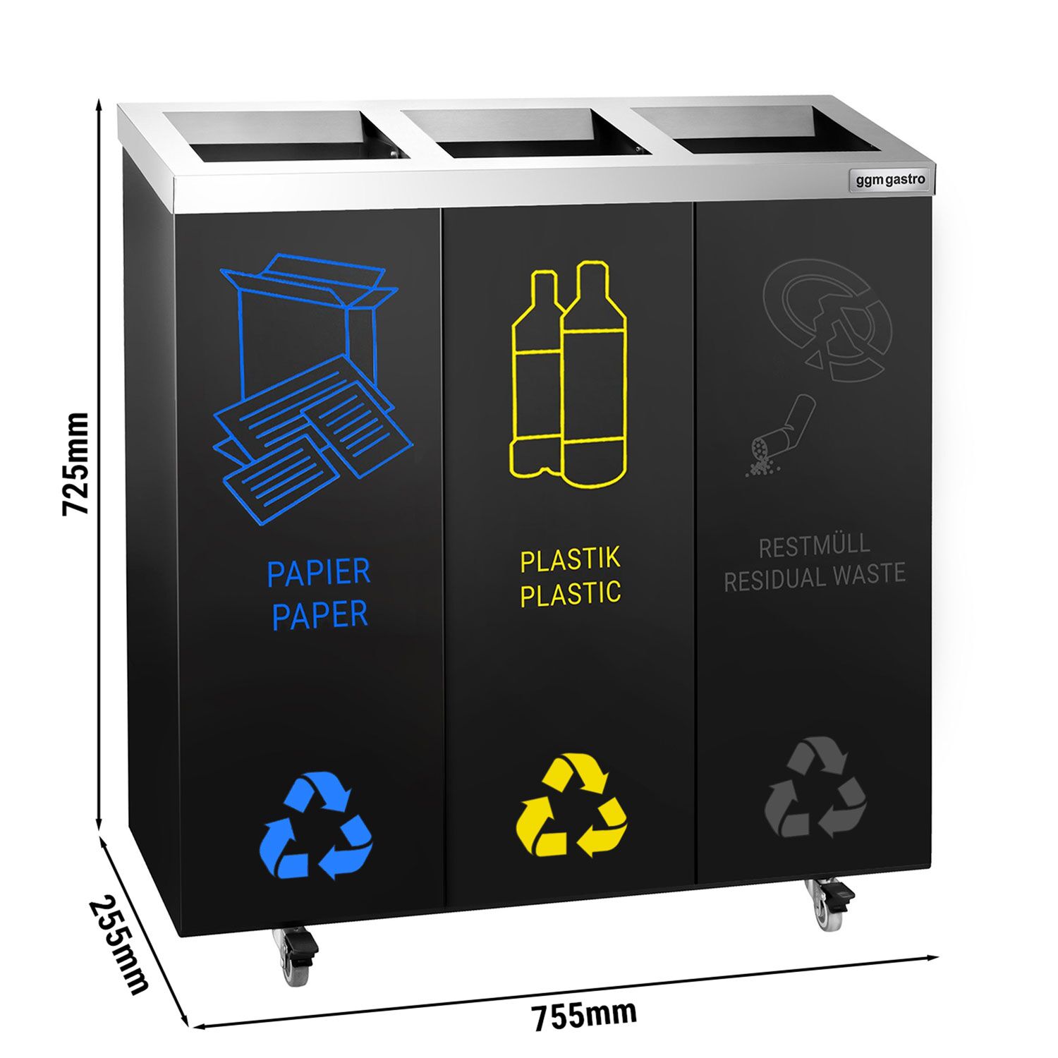 Kôš na separáciu odpadu s 3 priehradkami a kolieskami, čierny