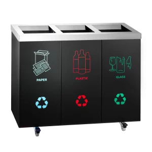 Kôš na separáciu odpadu s 3 priehradkami a kolieskami, čierny