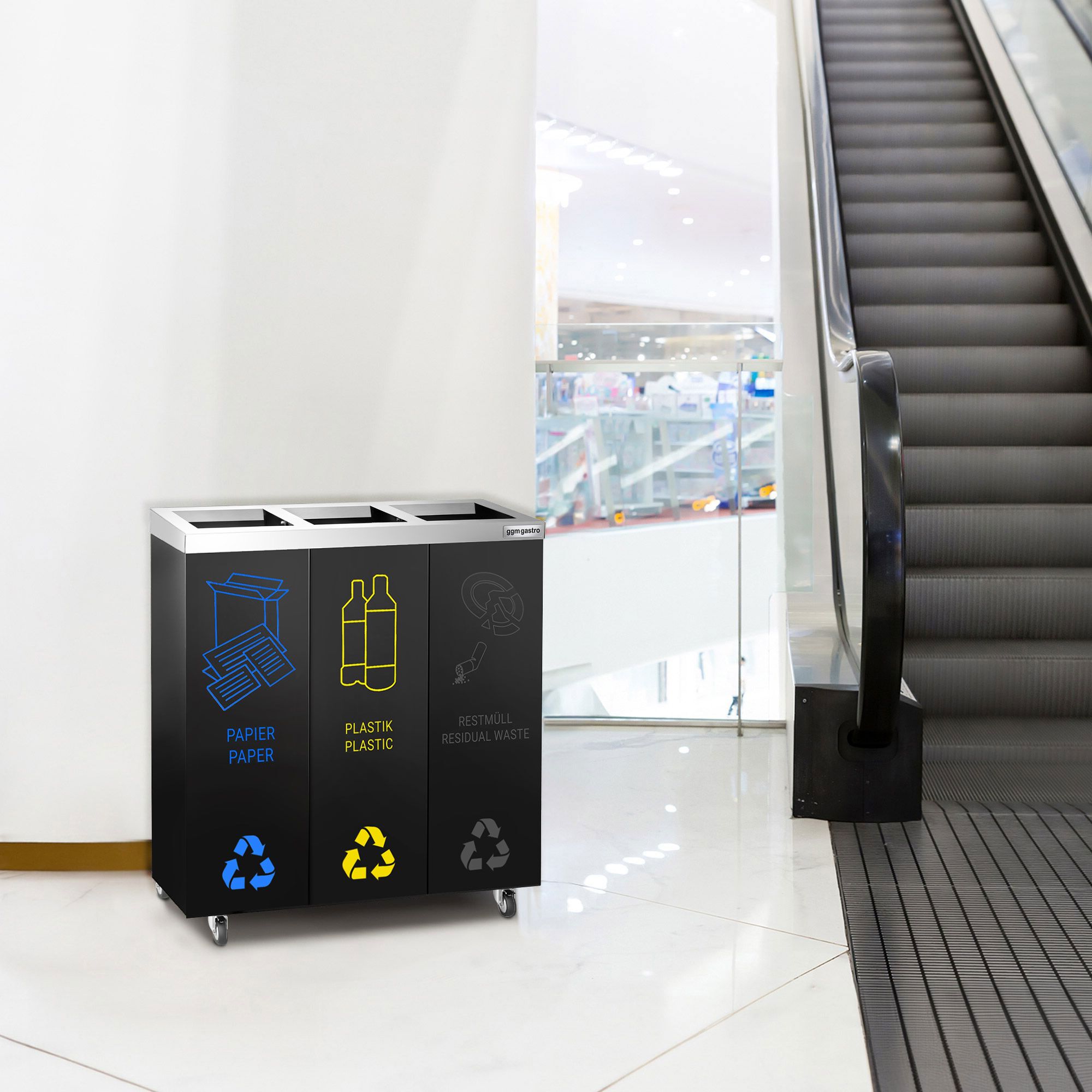 Kôš na separáciu odpadu s 3 priehradkami a kolieskami, čierny – Obrázok 3
