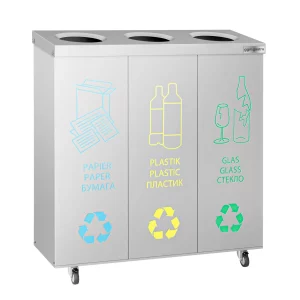 Kôš na separáciu odpadu s 3 priehradkami a kolieskami, nerezový