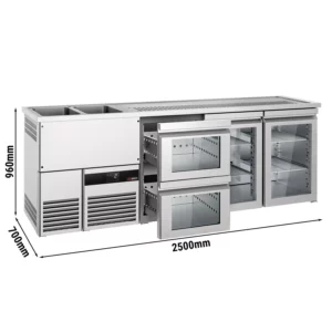 Pivný pult PREMIUM – sklenené dvierka a zásuvky, 2500x700mm