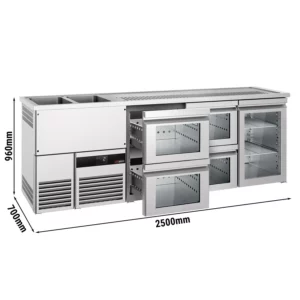 Pivný pult PREMIUM – 2500x700 mm – 1 presklené dvierka, 4 zásuvky zo skla