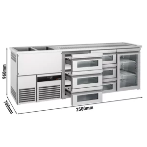 Pivný pult PREMIUM – 2500x700 mm – 1 sklenené dvierka, 6 zásuviek