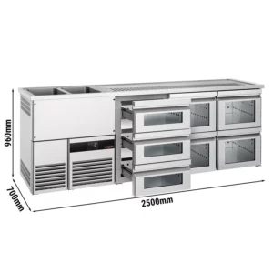 Pivný pult PREMIUM – 2500x700 mm – 7 zásuviek zo skla