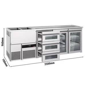 Pivný pult PREMIUM – 2500x700 mm – 2 presklené dvierka, 3 zásuvky zo skla