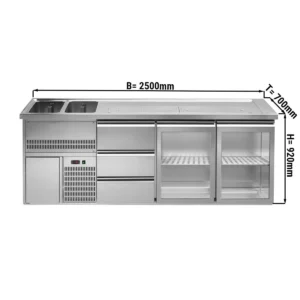 Čapovací pult PREMIUM PLUS – 2500×700 mm – sklenené dvierka a 3 zásuvky