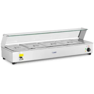 Bain Marie s výpustom – 4 × GN 1/2 nádoby – ochranné sklo