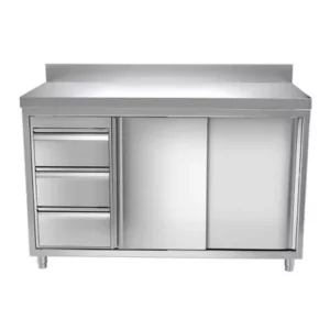 Pracovný nerezový stôl so skrinkou – 1,4×0,7 m, s lemom a 3 zásuvkami vľavo