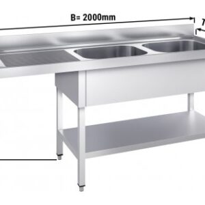 Nerezový umývací stôl – 2000x700mm, 2 umývadlá vpravo, Rozmery: 600x500x300mm