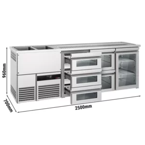 Pivný pult PREMIUM – 2500x700 mm – 1 presklené dvierka, 5 zásuviek zo skla