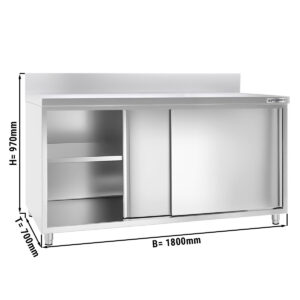 Pracovný nerezový stôl so skrinkou – 1,8×0,7 m, s lemom, posuvné dvere