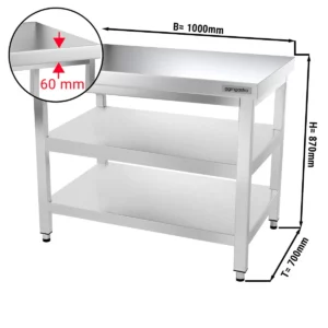 Nerezový pracovný stôl Premium – 1000 x 700 mm, so základnou policou a medzipoličkou