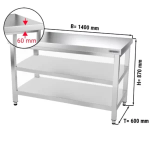 Nerezový pracovný pult premium – 1400x600mm, so základnou a medzipoličkou