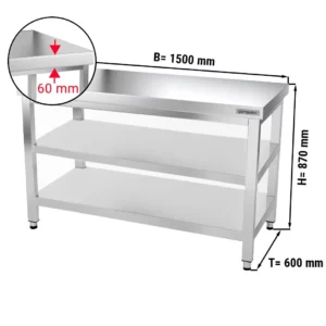 Nerezový pracovný pult premium – 1500x600mm, so základnou a medzipoličkou