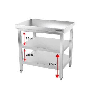 Nerezový pracovný stôl PREMIUM – 700x700mm, so základnou policou a medzipoličkou