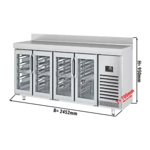 Barový a nápojový chladiaci pult premium plus – 2452x600mm, 4 sklenené dvere, so zadnou stenou