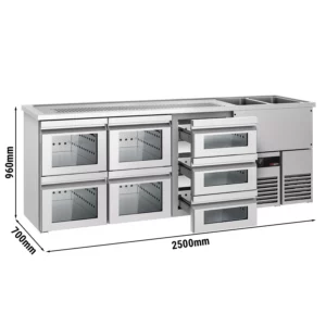 Pivný pult PREMIUM – 2500x700 mm – 7 zásuviek zo skla
