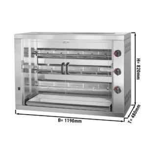 PREMIUM plynový gril – 3 ražne – 18 kurčiat – 1190×480×820 mm