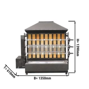 Gril na drevené uhlie – 3 ražne – 15 kurčiat – 1350×610×1390 mm