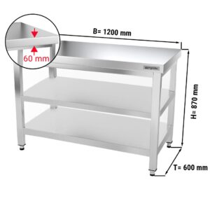 Pracovný stôl nerezový PREMIUM - 1200x600 mm, základná polica a medzipolica