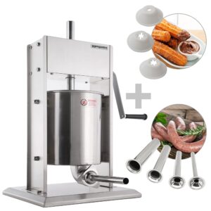 Ručná plnička klobás a churro stroj - 10 litrov - nerezová oceľ - vrátane 4 plničov klobás a 3 churro nadstavcov