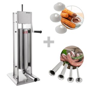 Ručná plnička klobás a churro stroj - 3 litre - nerezová oceľ - vrátane 4 plničov klobás a 3 churro nadstavcov